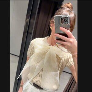 ZARA KNITTED TOP WITH ORGANZA BOW NWT